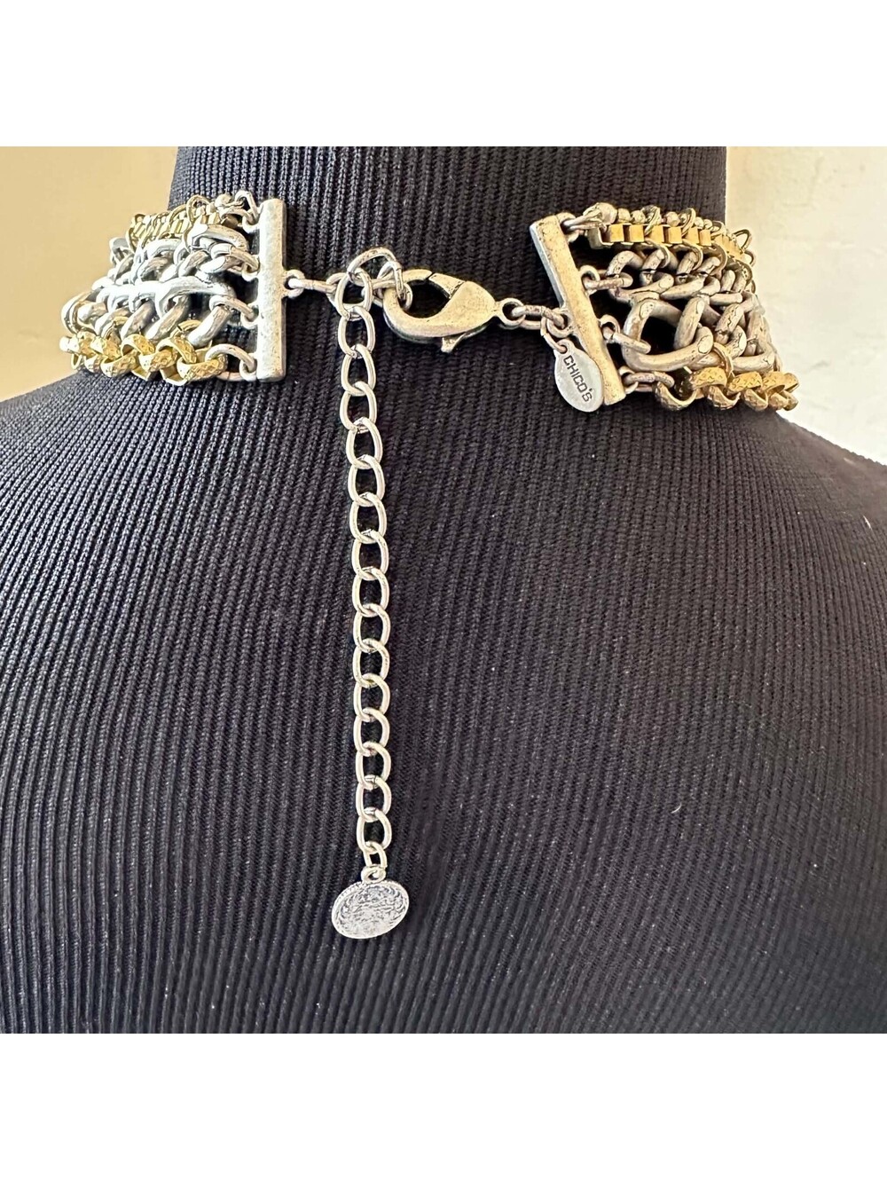 Chico's Coin Necklace Multi Strand Chunky Statement Choker Silver Gold Tone EUC - Picture 7 of 8
